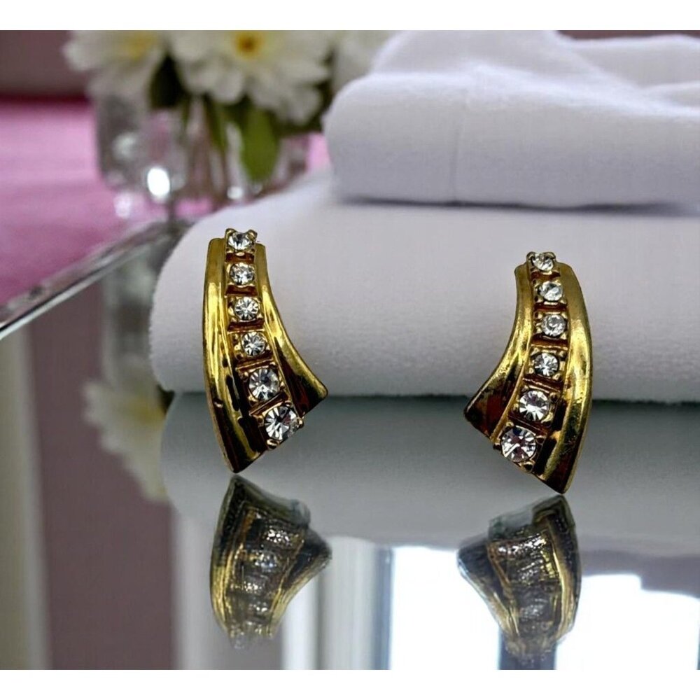 Gold Tone Rhinestone Stud Earrings With Curved Design Elegant Fashion Jewelry - Picture 1 of 6